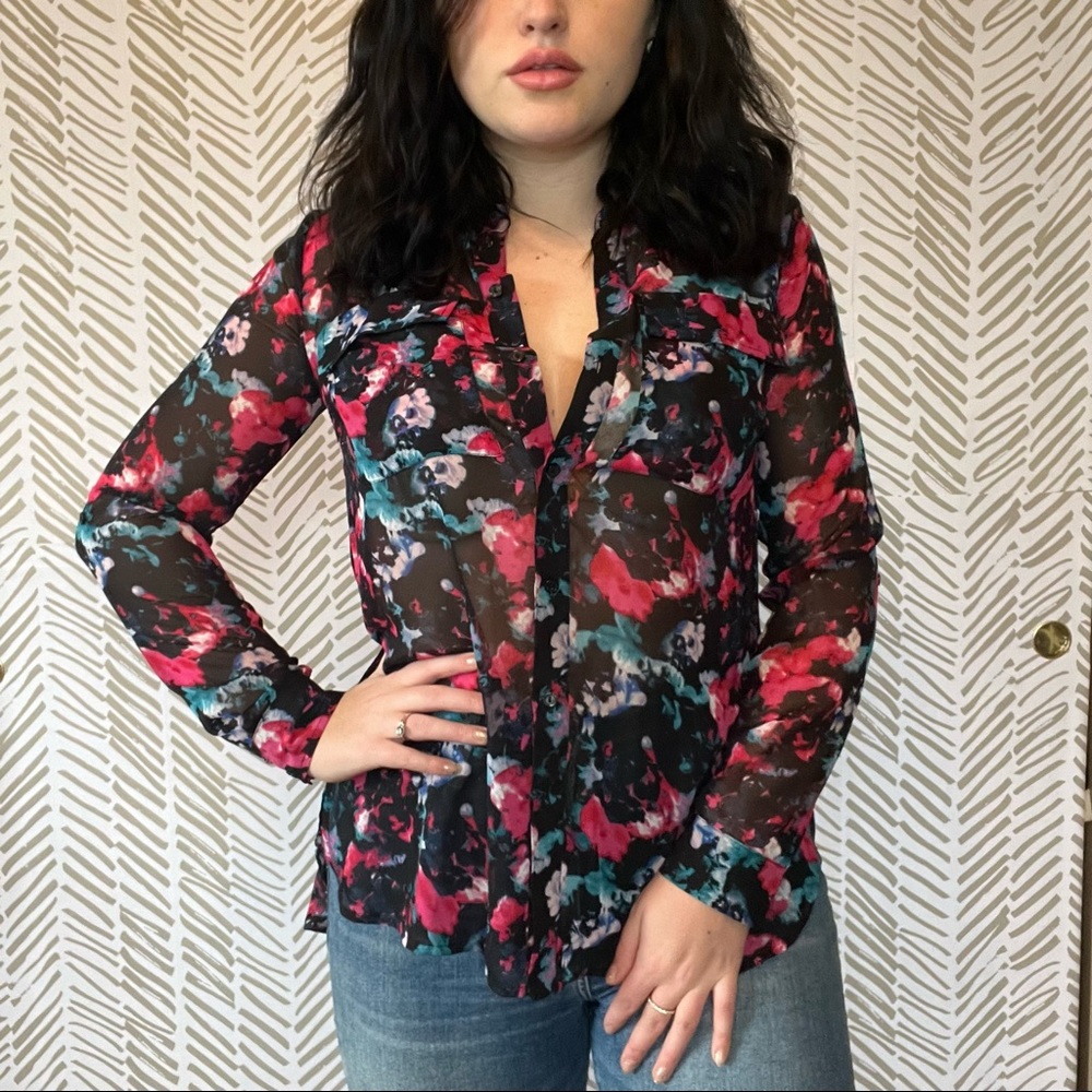 Floral Button Down Sheer Dressy Blouse